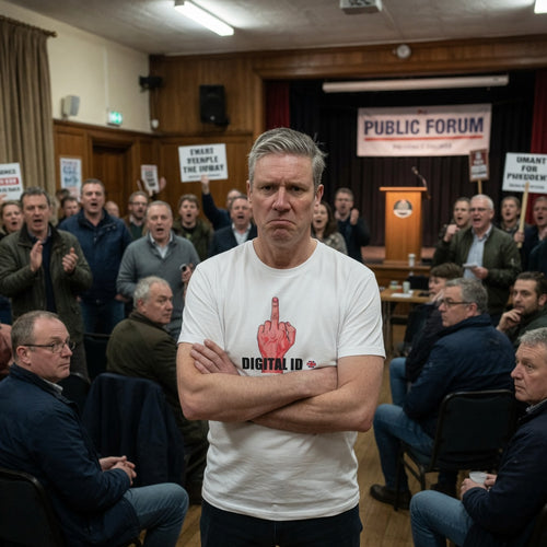 Man in a white t-shirt with a graphic design NO TO DIGITAL ID  at a public forum with attendees holding signs.