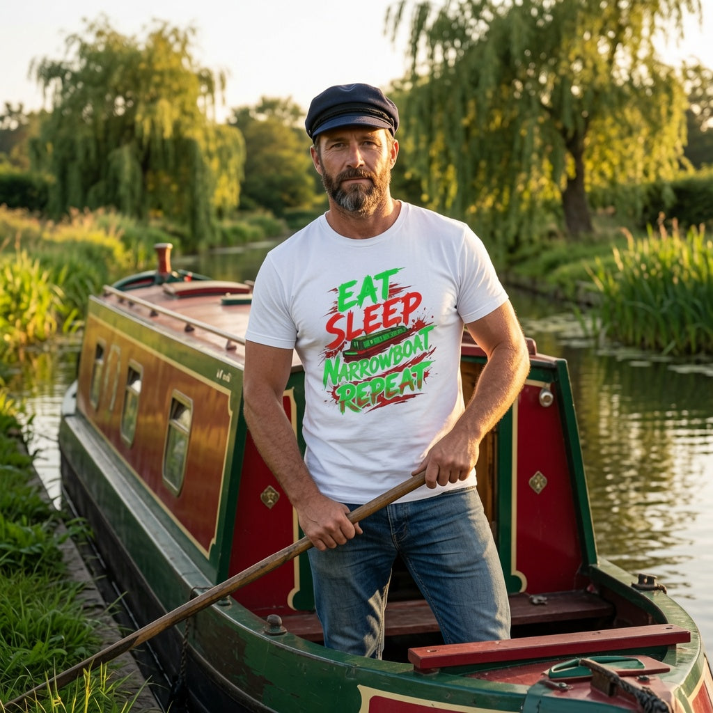 A man standing in a narrowboat on a canal, wearing a white graphic t-shirt with green and red text that reads 'EAT SLEEP NARROWBOAT Repeat'.