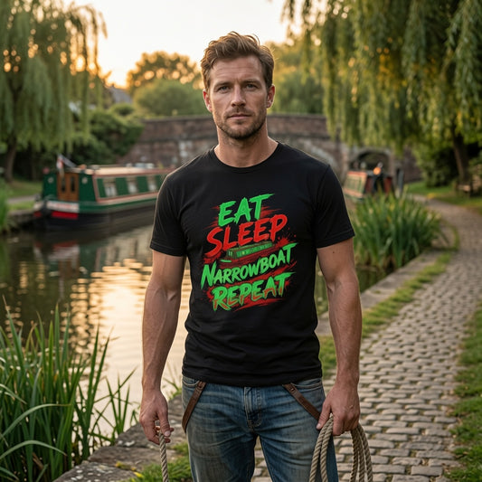 A man wearing a black graphic t-shirt with the text 'EAT SLEEP NARROWBOAT REPEAT' in green and red, standing on a cobblestone path next to a canal with a narrowboat in the background.