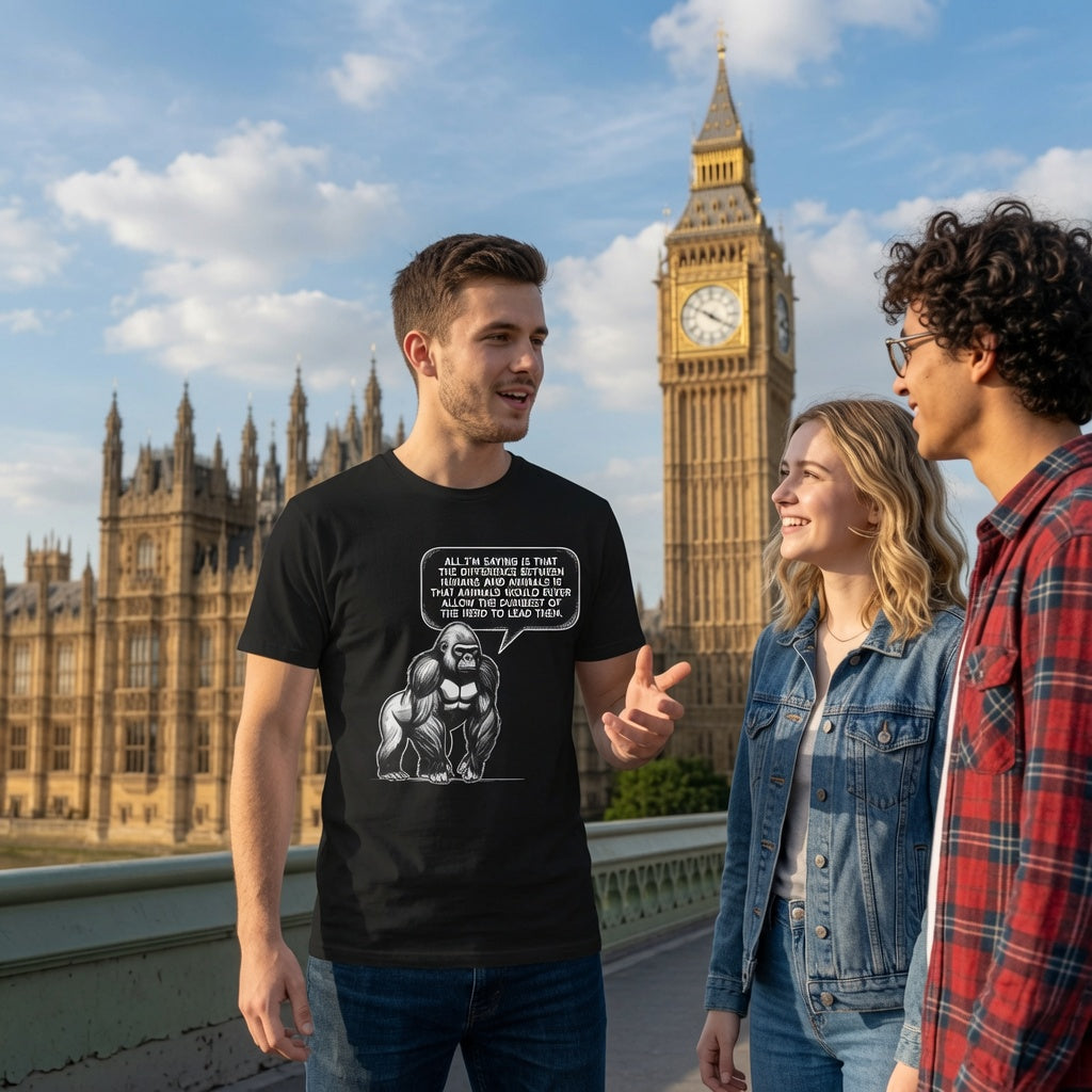 A man wearing a black graphic t-shirt stands on a bridge in London with Big Ben and the Houses of Parliament in the background, talking to two friends.