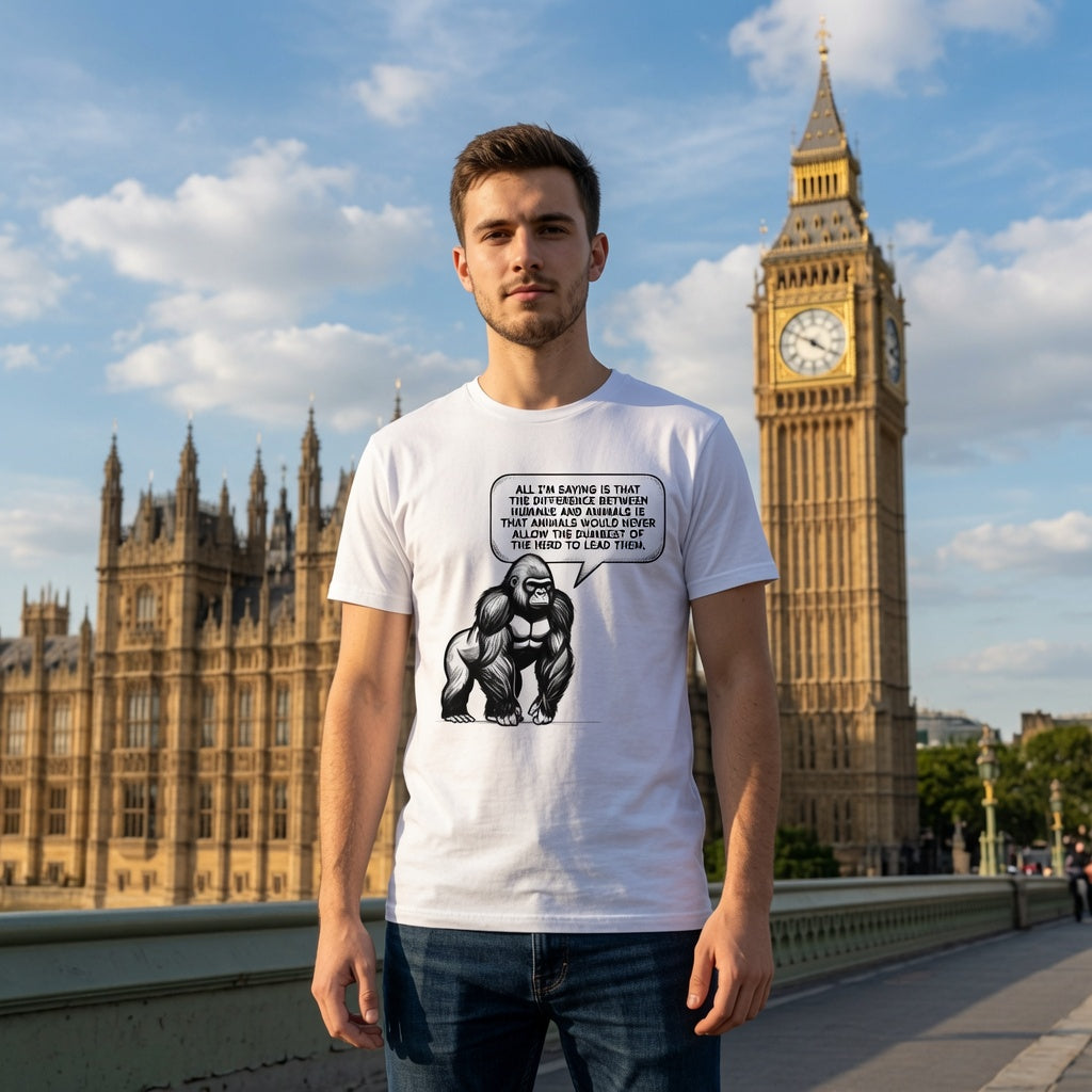 A man wearing a white graphic t-shirt with a black gorilla illustration and a speech bubble, standing in front of Big Ben and the Houses of Parliament in London.