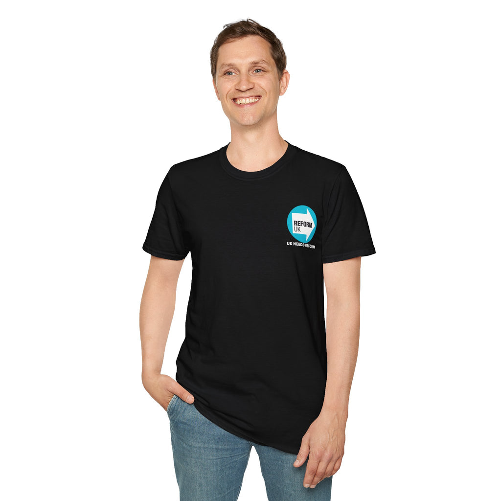 Person wearing a black T-shirt with reform UK a logo on a white background