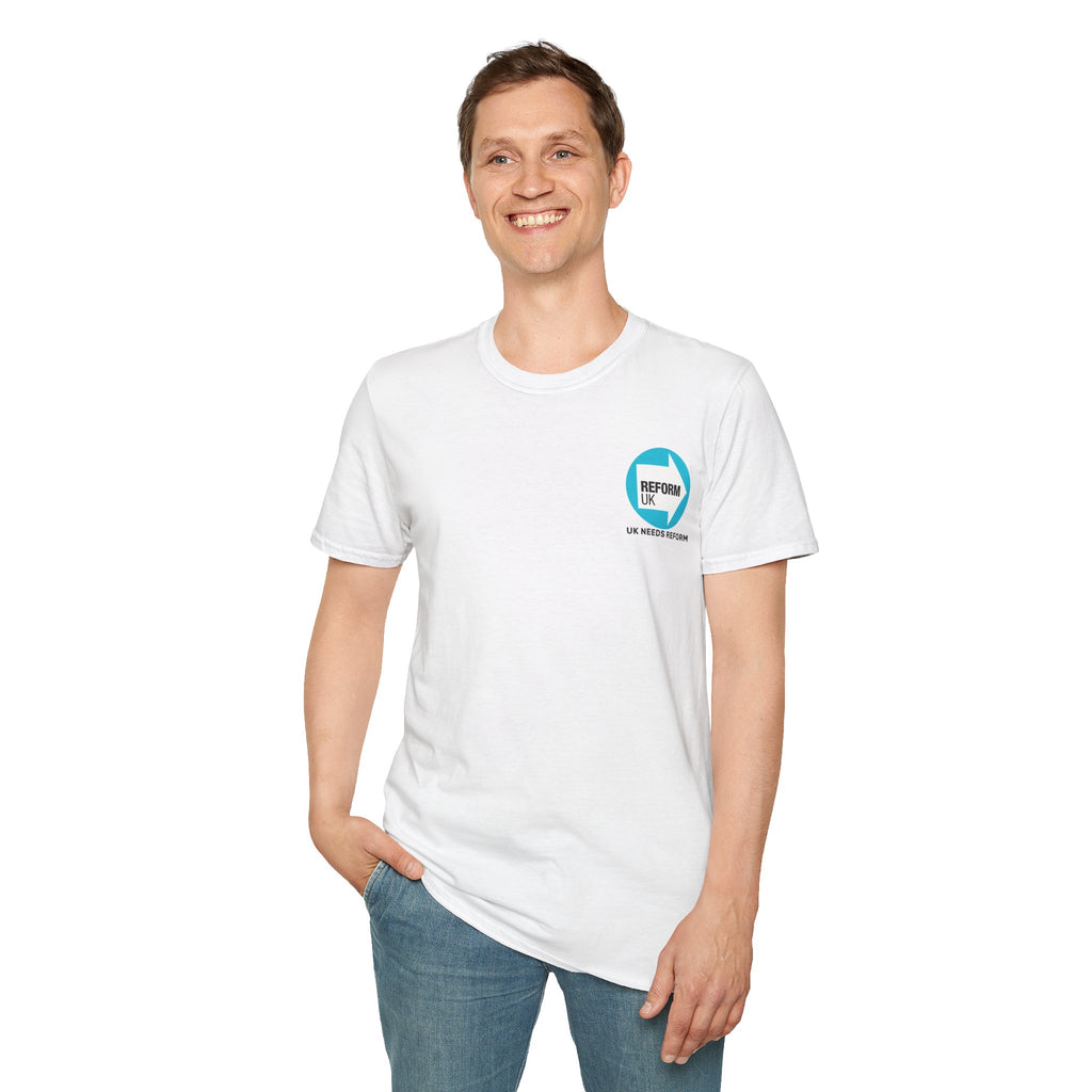 Person wearing a white t-shirt with reform UK a logo on a white background