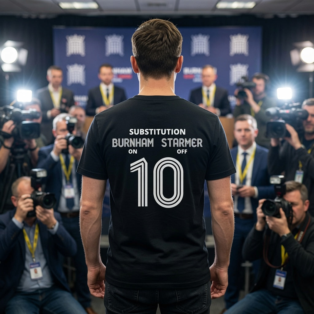 A man stands with his back to the camera wearing a black T-shirt with white text reading 'SUBSTITUTION BURNHAM STARMER ON OFF 10' in a crowded press setting with photographers and cameras.