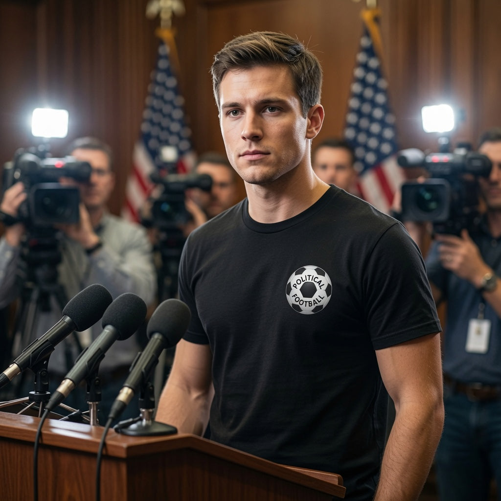 A man in a black t-shirt with a circular 'POLICE FOOTBALL' logo stands behind a podium with microphones in front of American flags and reporters holding cameras.