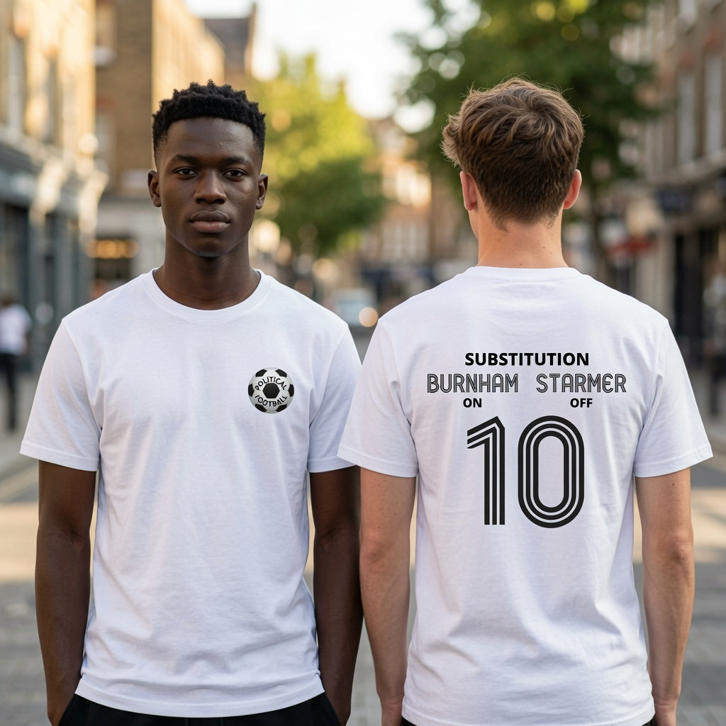 Two young men standing outdoors on a blurred street background, each wearing a white short-sleeve T-shirt. The man on the left faces forward with a small black football circular chest graphic; the man on the right faces backward with large black text and the number 10  substitution printed on the back.