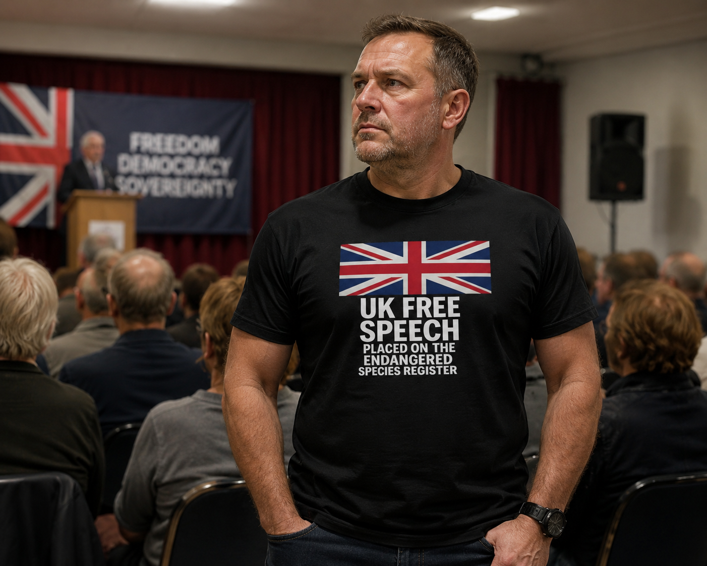 Man wearing a black t-shirt with UK flag design and FREE SPEECH text in a room with people and a British flag in the background.