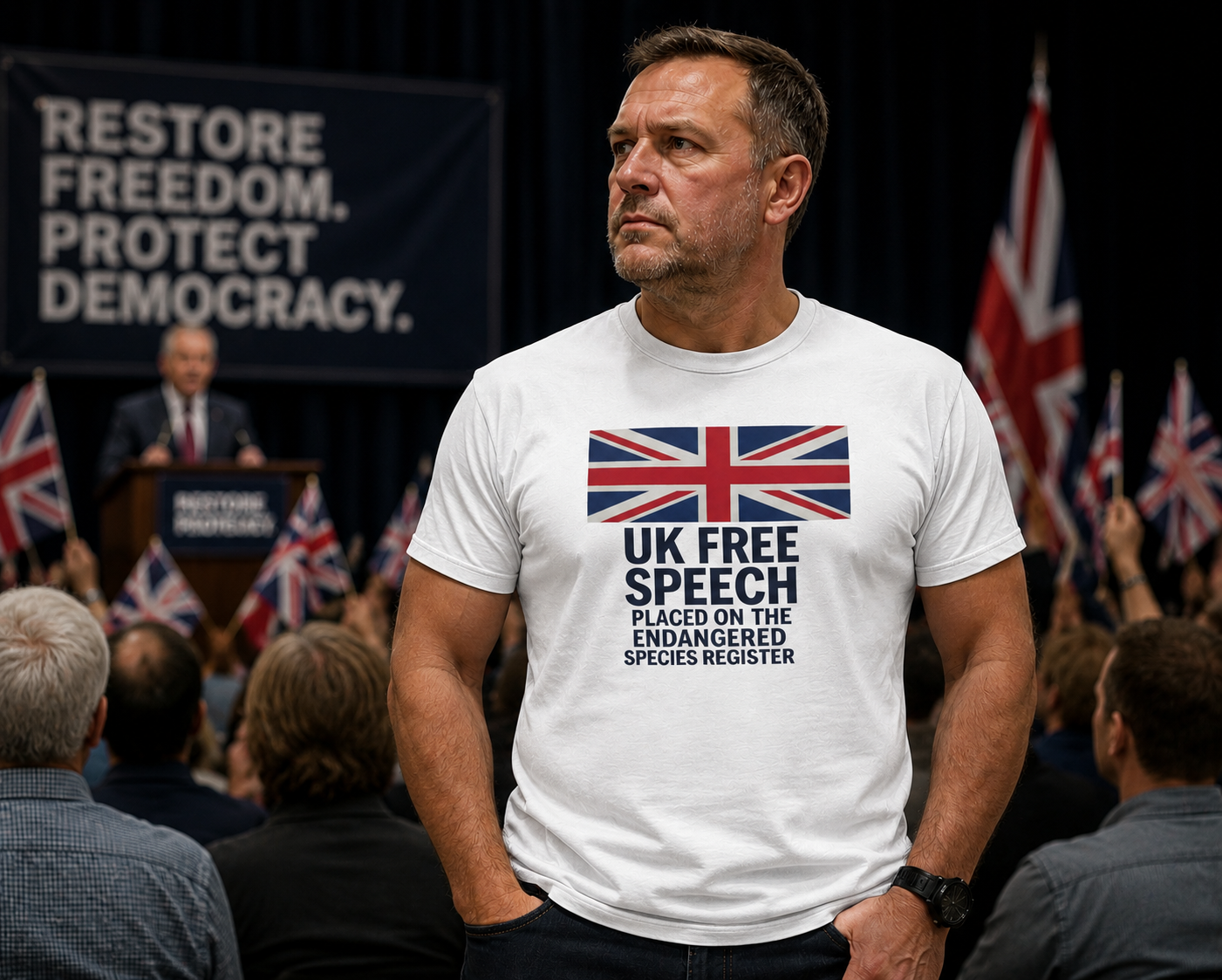 Man wearing a white t-shirt with a Union Jack design and  free speech text at a political event.
