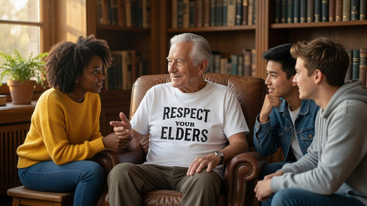 OLDER MAN WEARING RESPECT YOUR ELDERS WHITE GRAPHIC T SHIRT TALKING TO YOUNGER FAMILY MEMBERS