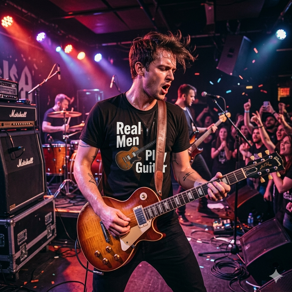A dynamic photograph of a smiling, sweaty musician on a dimly lit concert stage playing a sunburst electric guitar while wearing the black "Real Men Play Guitar" vintage t-shirt from the Fat Boris Store.