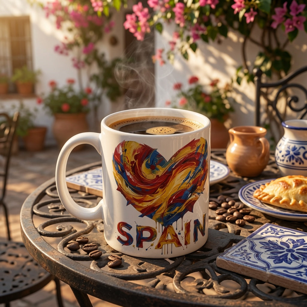 A white ceramic mug filled with black coffee sits on an outdoor patio table. The mug features a colorful painted heart design in red, yellow, blue, and orange, with the word 'SPAIN' printed below in a distressed, multicolored font.