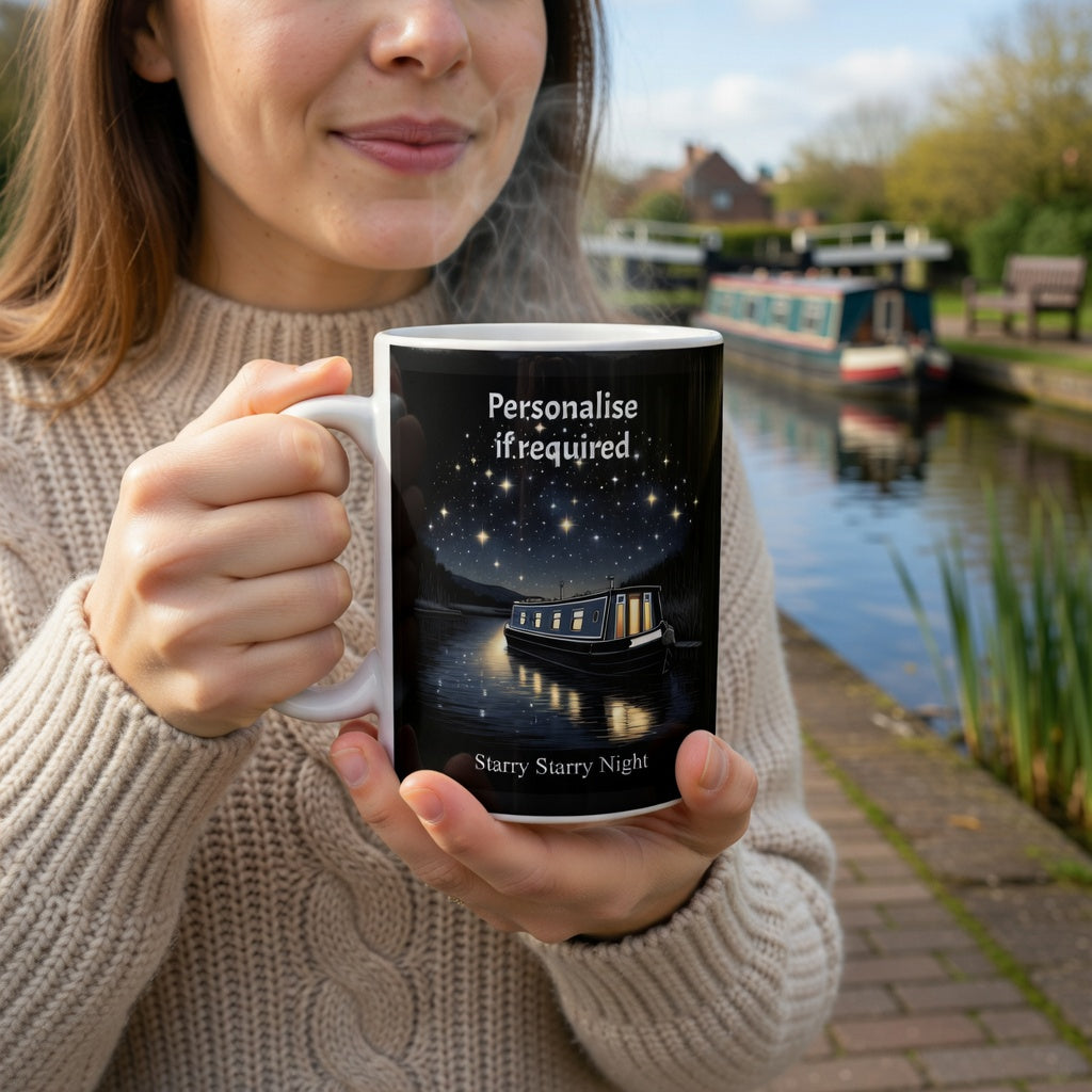 "Starry Starry Night personalised narrowboat mug with canal boat under starry sky design by Fat Boris Store"