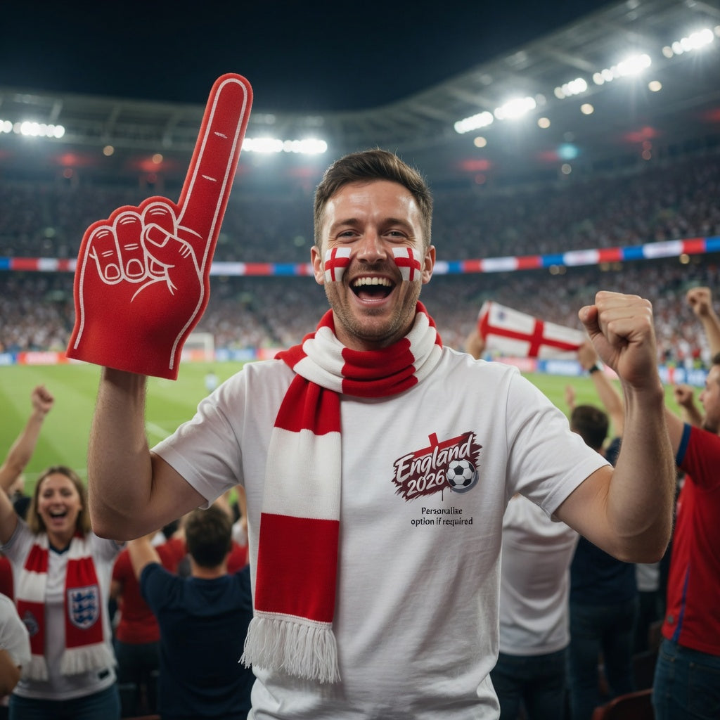 Man in England 2020 fan gear celebrating at  a  world cup 2026 stadium