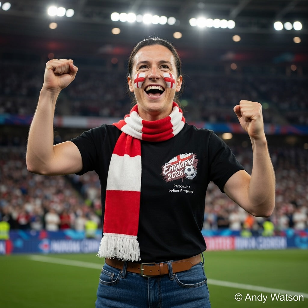 woman celebrating with raised fists in a stadium, wearing an England 2020 scarf and personalised  England world cup 2026 black shirt.