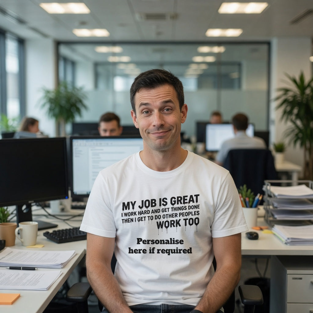 White T-Shirt • Satire Work Quote “My Job Is Great I Work Hard And Get Things Done” Personalised Tee | Funny Political Humour Shirt
