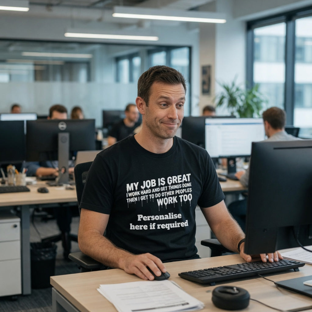 Black T-Shirt • Satire Work Quote “My Job Is Great I Work Hard And Get Things Done” Personalised Tee | Funny Political Humour Shirt