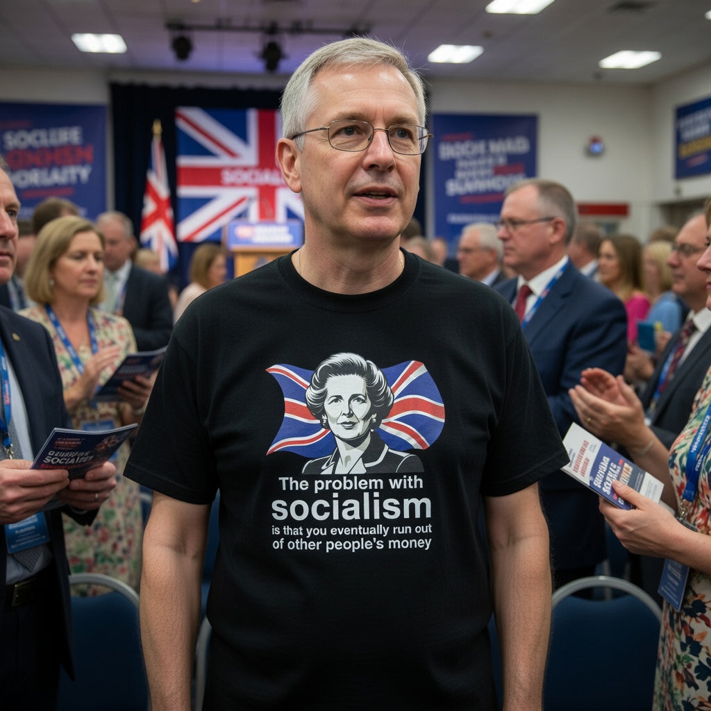 Margaret Thatcher quote black t-shirt "The problem with socialism is that you eventually run out of other people's money" with Union Jack design worn by man at political event