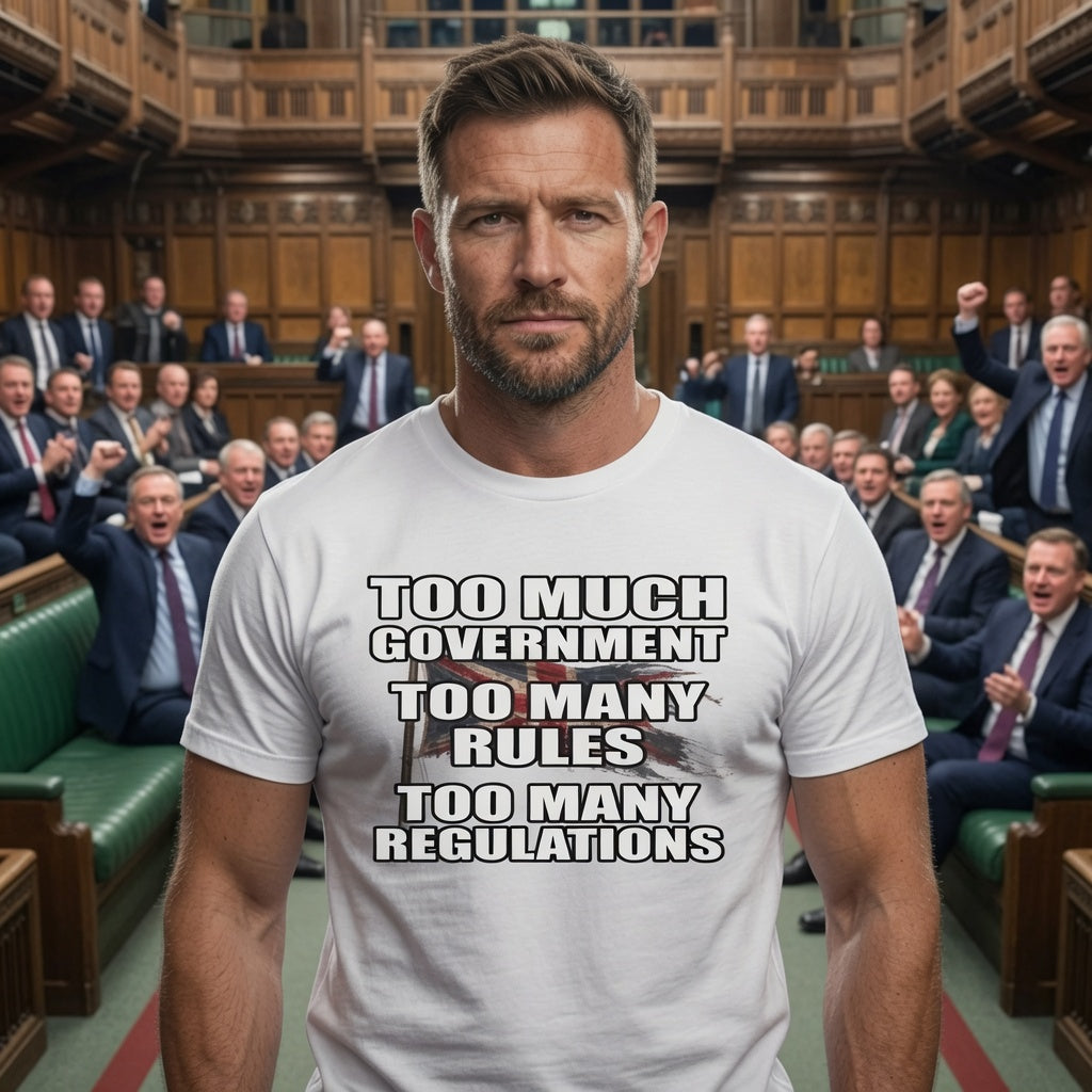Man wearing a t-shirt with a political message TOO MANY RULES  in a parliamentary setting