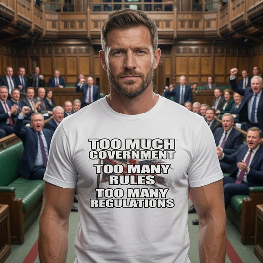 Man wearing a t-shirt with a political message TOO MANY RULES  in a parliamentary setting