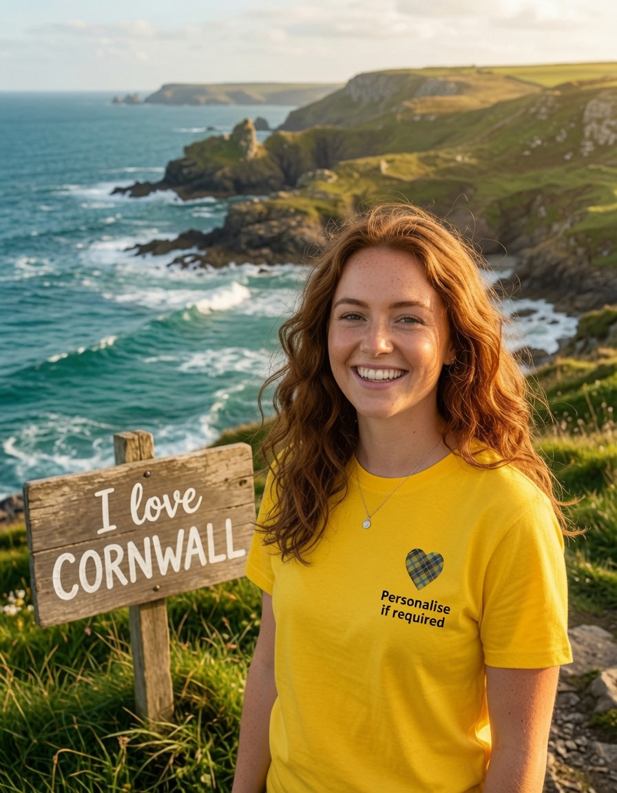 A smiling woman with long wavy light brown hair stands outdoors on a grassy cliffside with the ocean and rocky coastline behind her. She is wearing a bright yellow T-shirt with a Cornish tartan heart graphic and the text 'Personalise if required' on the left chest.