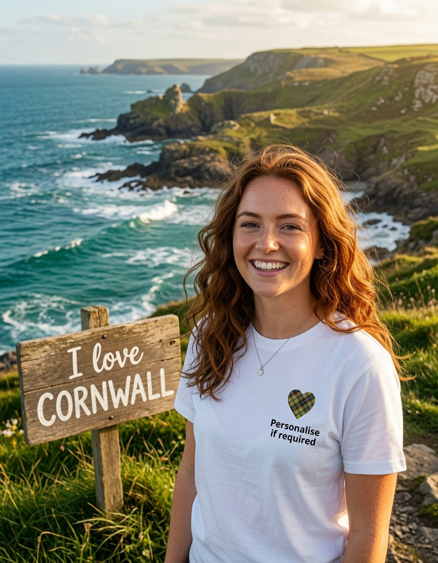 A smiling woman stands outdoors on a grassy cliffside with the ocean and rocky coastline behind her. She is wearing a white T-shirt with a Cornish tartan heart graphic and the text 'Personalise if required.
