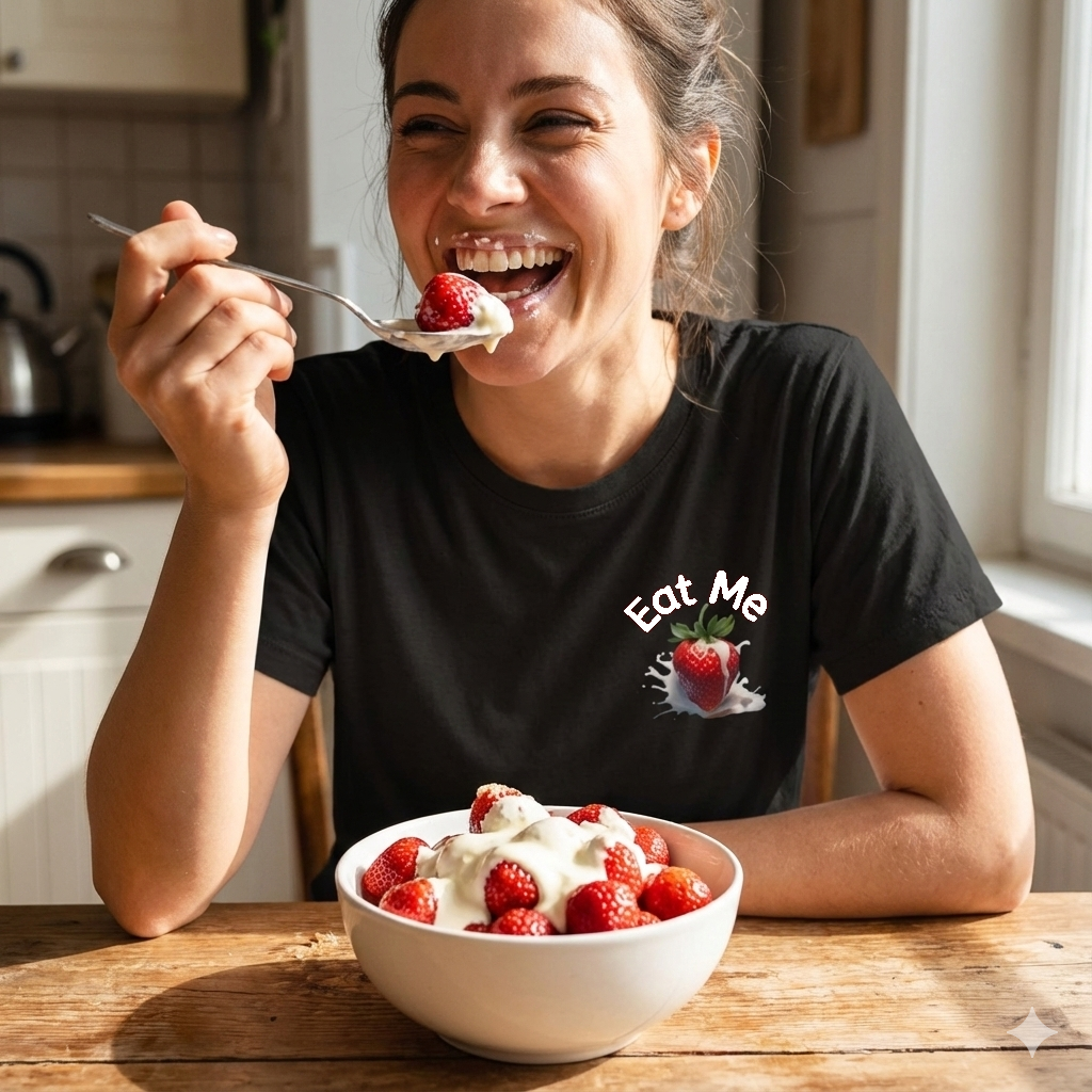Woman WEARING BLACK T SHIRT WITH STRAWBERRY CREAM GRAPHIC EAT ME. EATING A BOWL OF STRAWBERRYS AND CREAM 