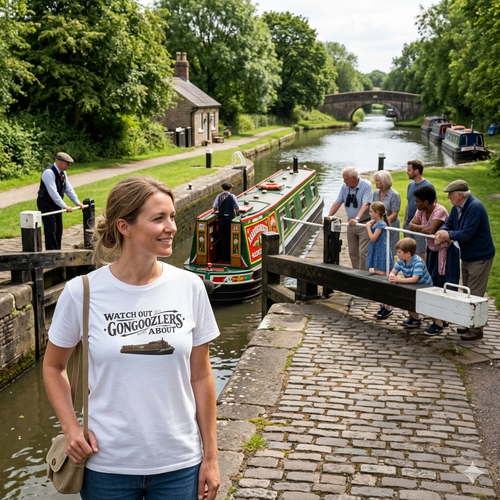 Woman in a white t-shirt WITH  Gongoozlers GRAPHIC standing by a canal with lock gates and boats in the background. WITH MANY PEOPLE WATCHING