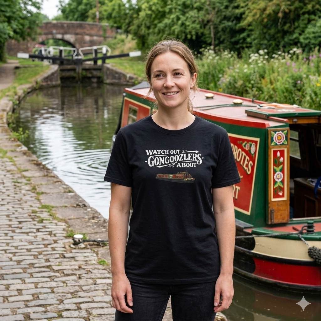 Woman wearing a black t-shirt with Gongoozlers  text standing next to a narrowboat on a canal.