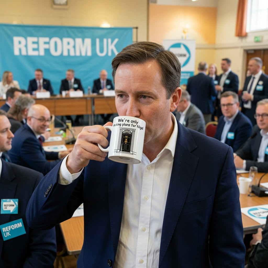 A man in a navy suit and white shirt drinks from a white ceramic mug printed with a black-and-white portrait of 10 DOWNING STREET FRONT DOOR and the text 'We're ONLY MAKING PLANS FOR NIGEL The background shows a conference room with people and a blue 'REFORM UK' banner.