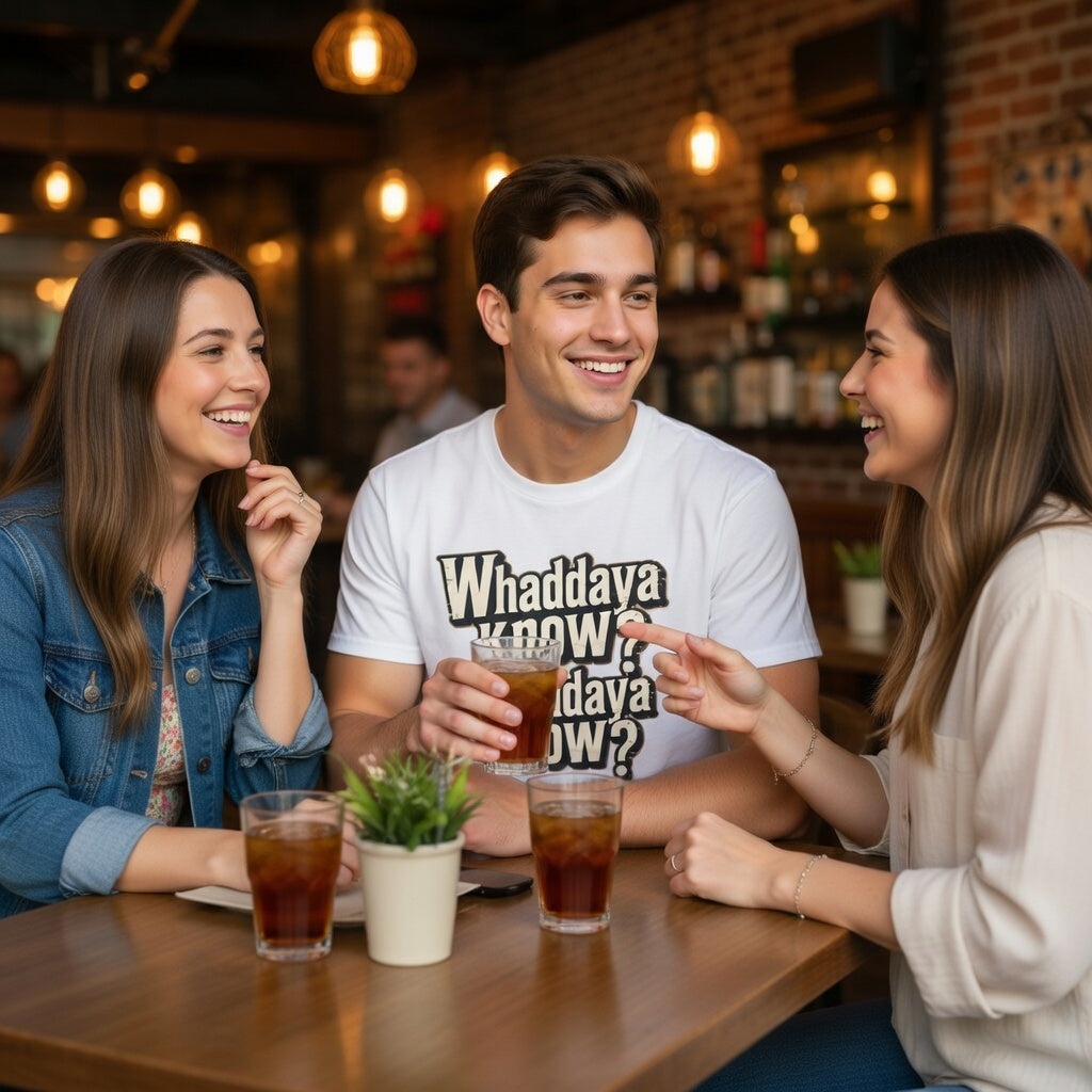 Three friends enjoying drinks together at a bar. WITH MAN WEARING A WHITE  T SHIRT WITH  “Whaddaya Know?”? GRAPHIC TEXT