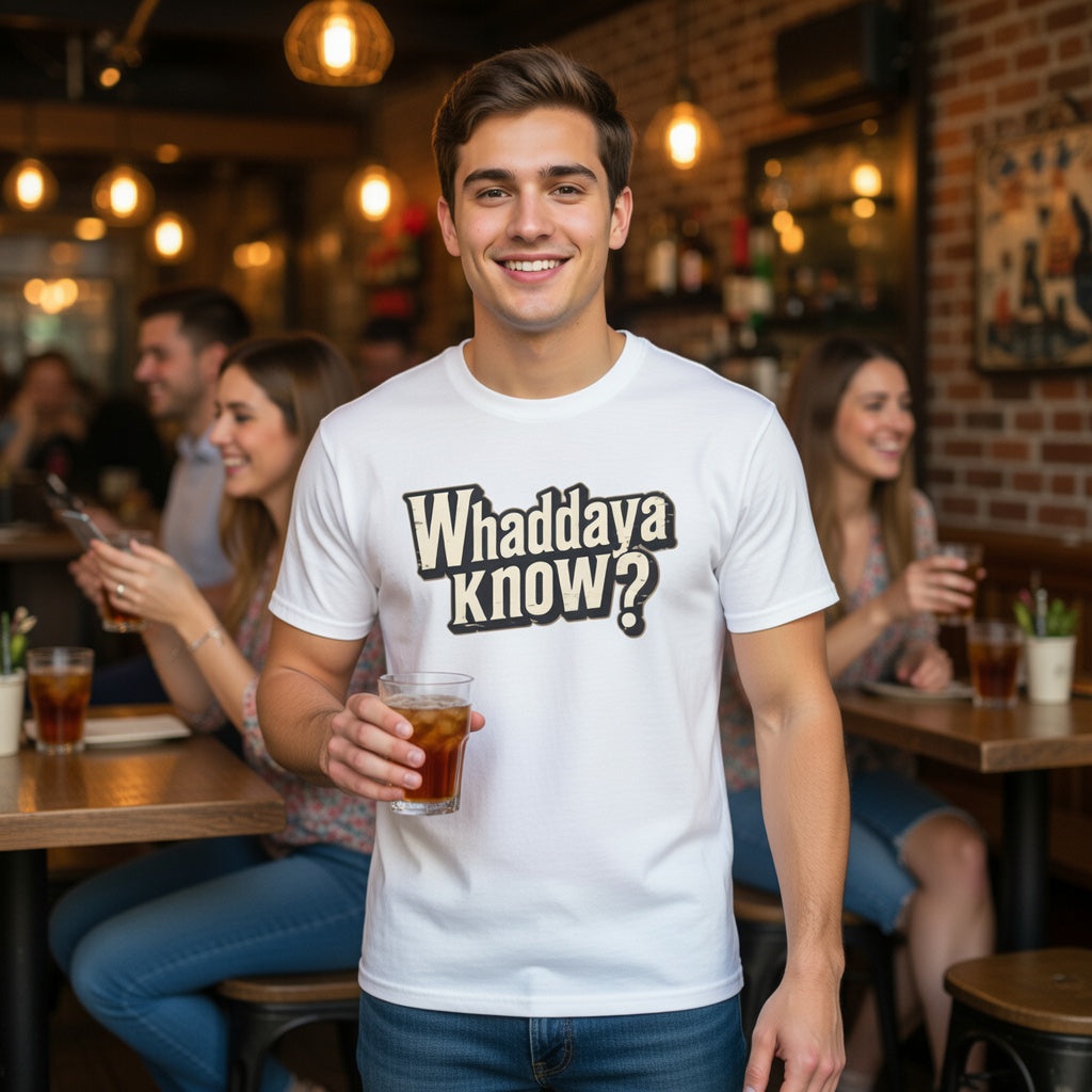 Man wearing a white t-shirt with 'Whaddaya Know?' text in a bar setting