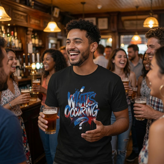 A man in a lively pub wearing a black graphic t-shirt with the text 'WHATS OCCURRING' in blue, red, and white paint-splatter style lettering. He is holding a glass of beer and surrounded by laughing friends in a warm, wood-paneled bar setting.