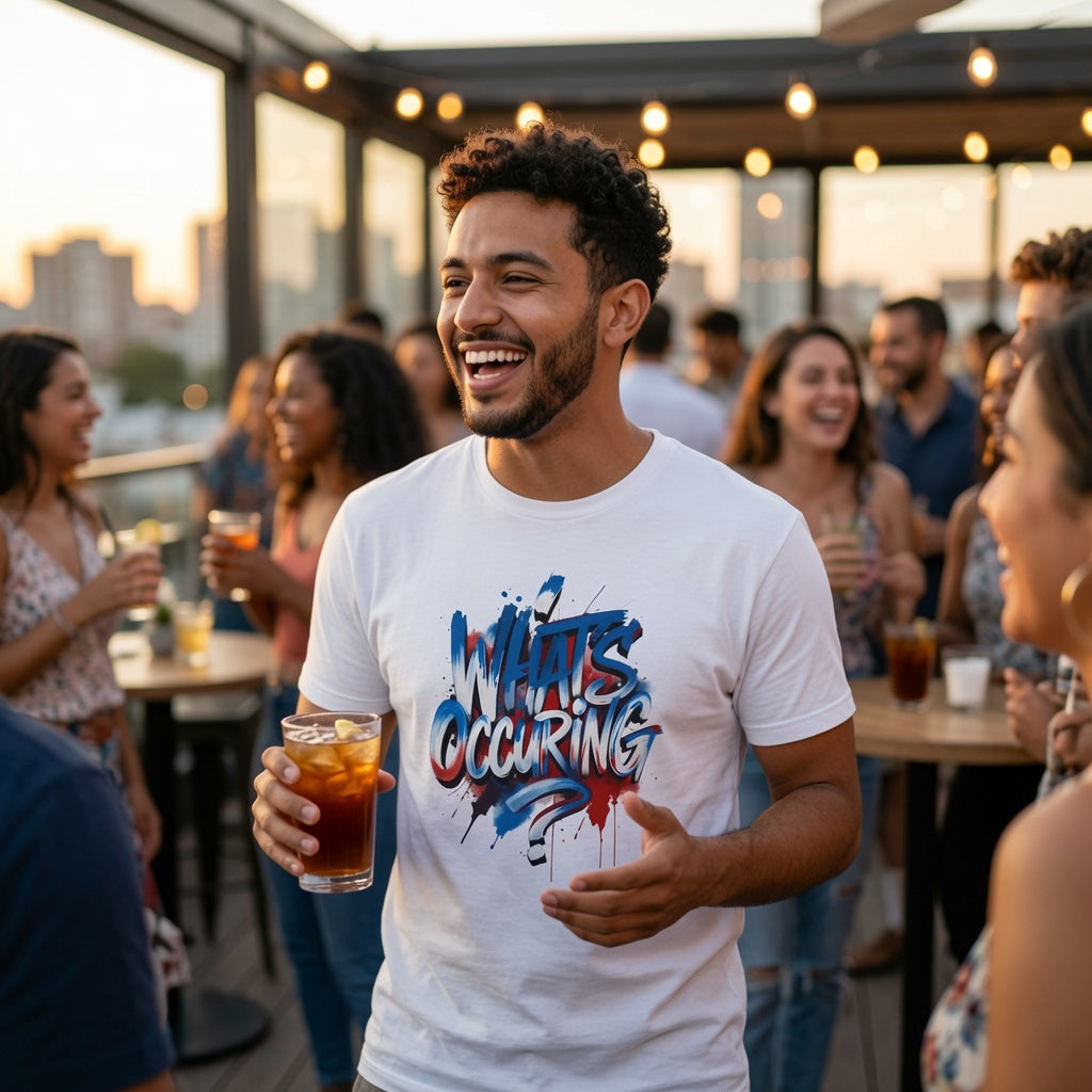 A man laughing on a rooftop bar holding a drink, wearing a white graphic t-shirt with the text 'WHAT'S OCCURING' in blue, red, and black graffiti-style lettering.