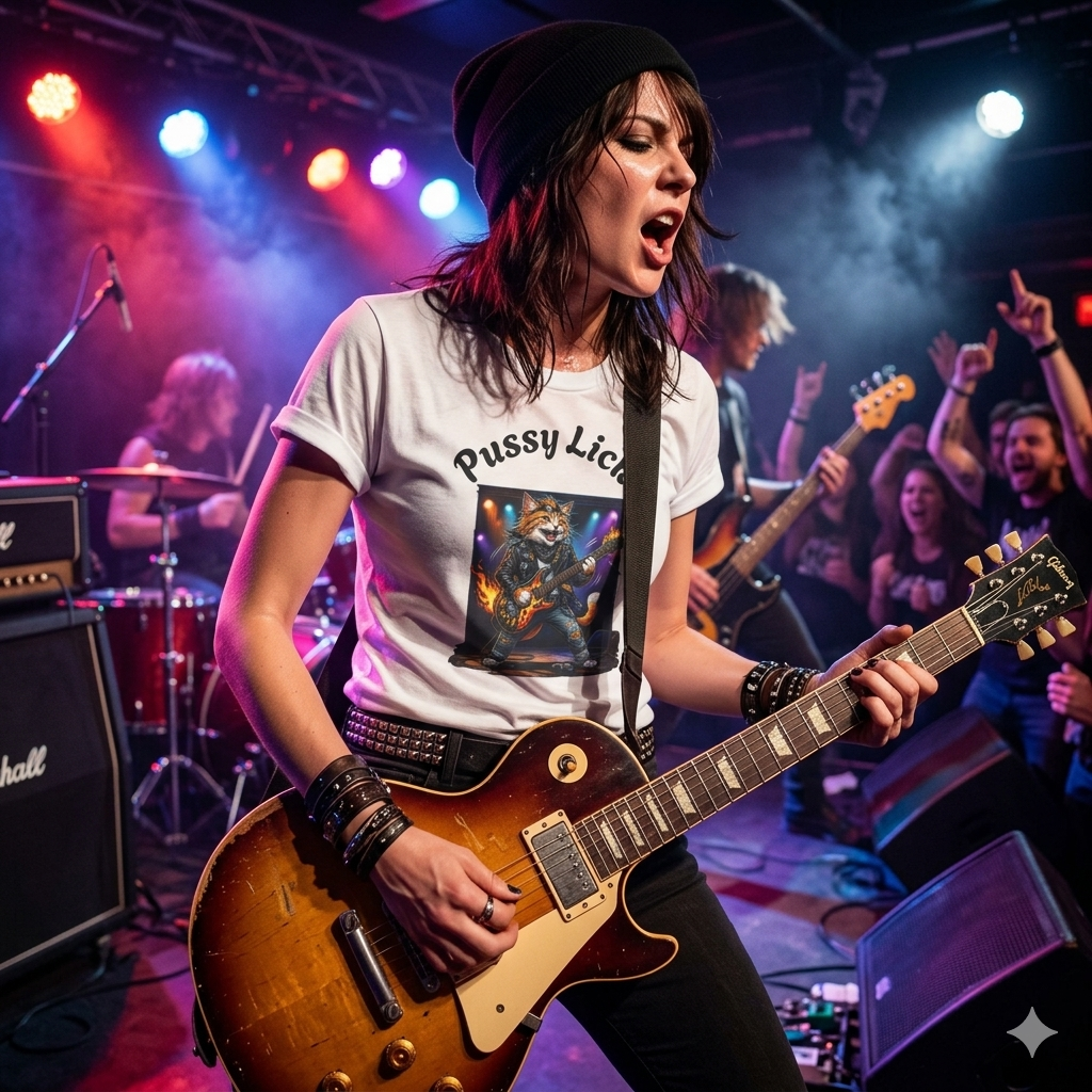 Woman Musician playing guitar on stage with colourful lights and audience in the background wearing a cat guitarist t shirt with pussy licks graphic text 