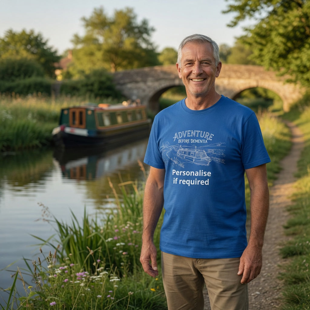 Adventure before dementia canal boat graphic blue t shirt with personalise option