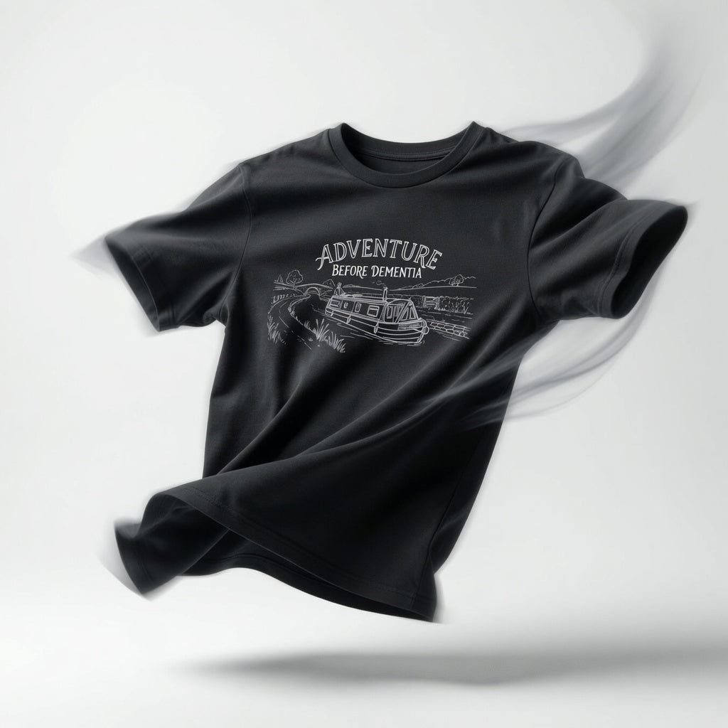 Black t-shirt with 'Adventure Before Dementia' graphic on a white background