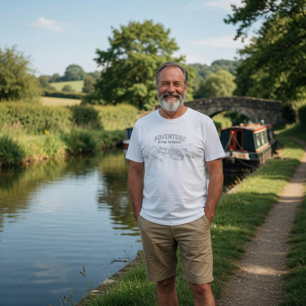 Adventure before dementia canal boat graphic white t shirt with personalise option