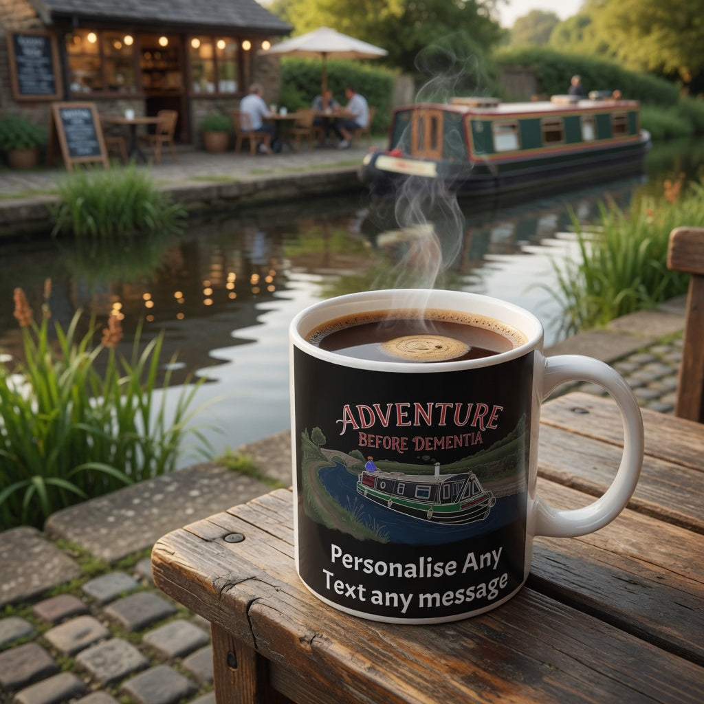 Steaming coffee mug with 'Adventure Before Dementia' text on a wooden table by a canal.