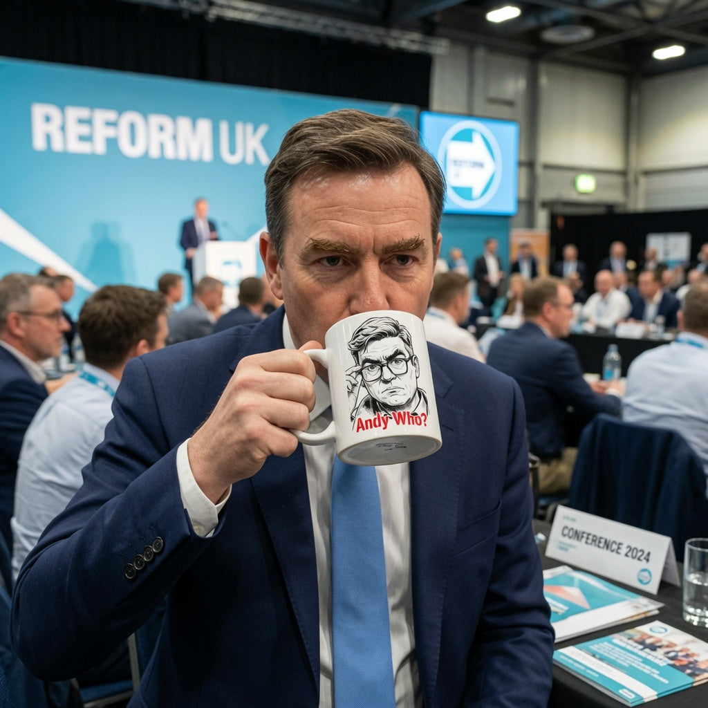 A man in a navy suit and light blue tie holds a white ceramic mug with a black-and-white andy burnham  caricature face and the text 'Andy Who?' in a conference hall. A large blue 'REFORM UK' backdrop and seated attendees are visible in the background.