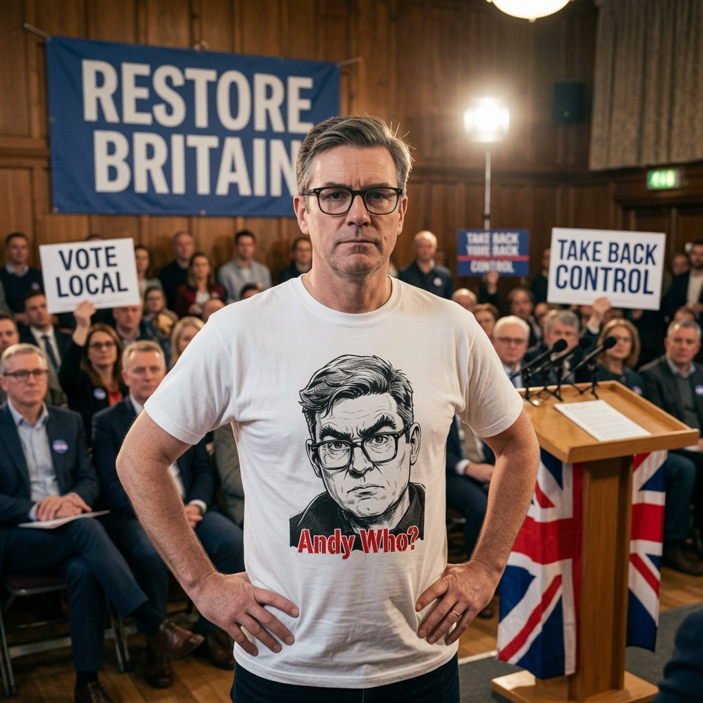 A man wearing a white graphic t-shirt stands in a crowded indoor protest or rally. The shirt features a black-and-white caricature portrait of Andy Burnham with the red text Andy who? '