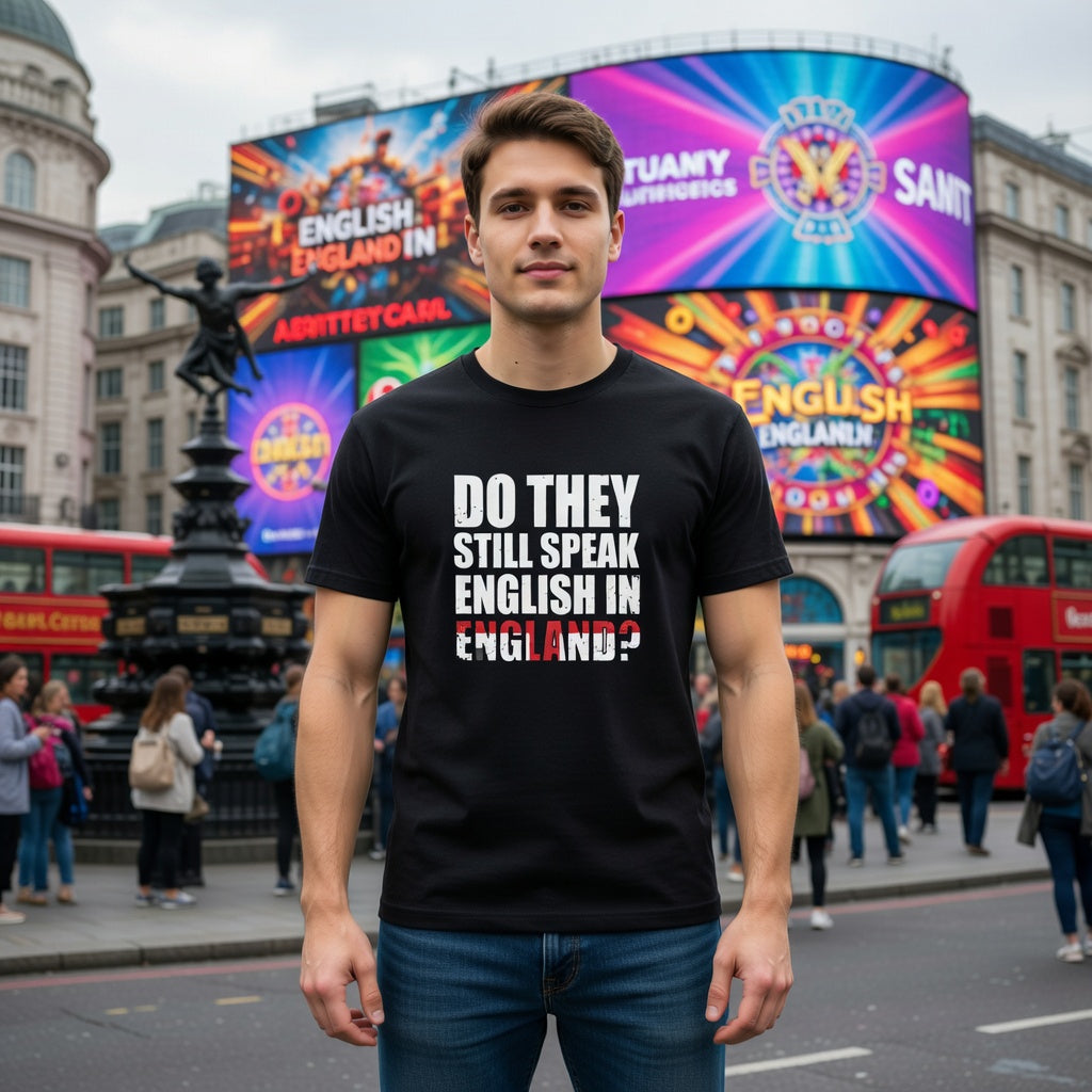 Man wearing a black t-shirt with text anti-immigration t shirt do they still speak English in England    in Piccadilly Circus London, colourful billboard in the 