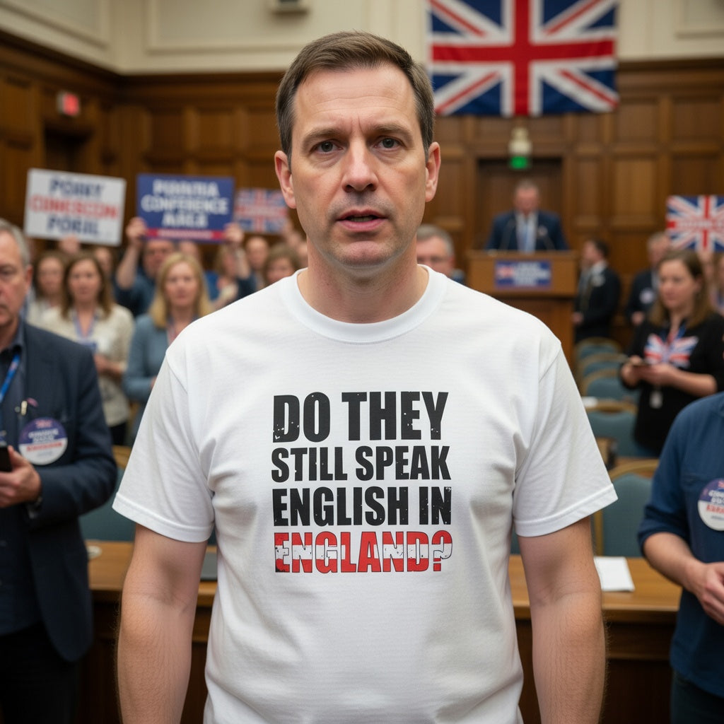 Man wearing a white t-shirt with text anti-immigration t shirt do they still speak English in England   at a political meeting