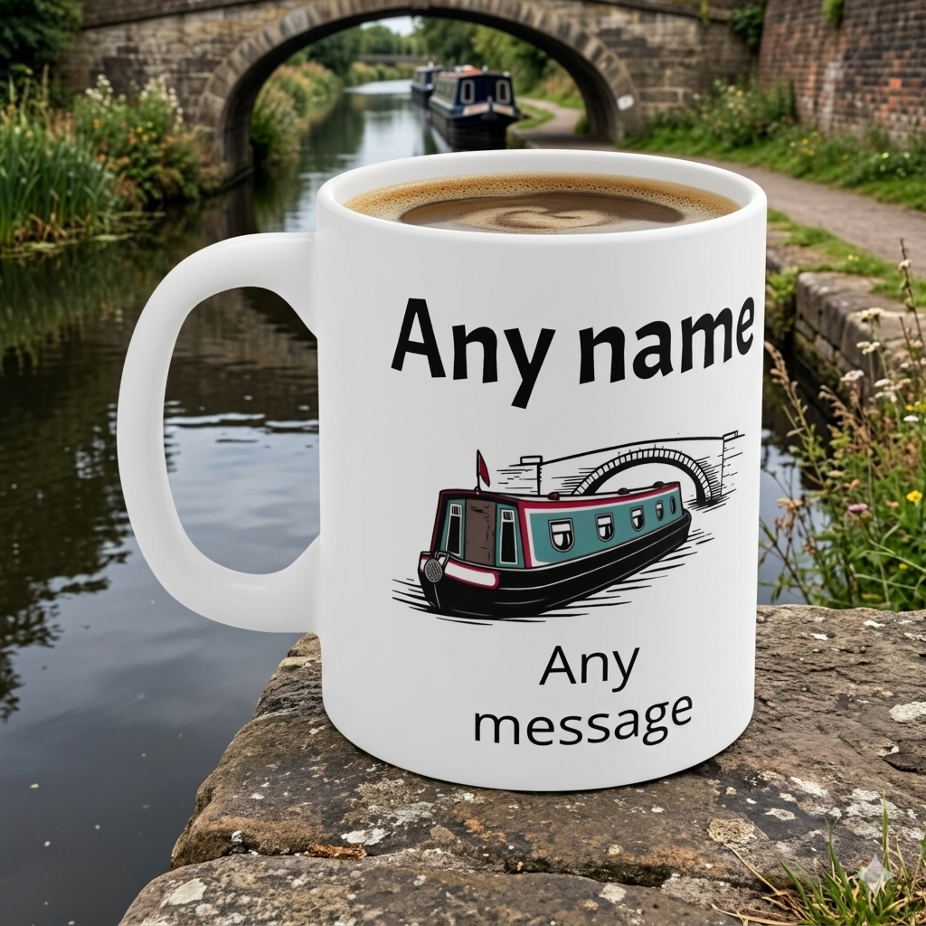 White mug with a canal boat design and text 'Any name' and 'Any message' against a canal background.