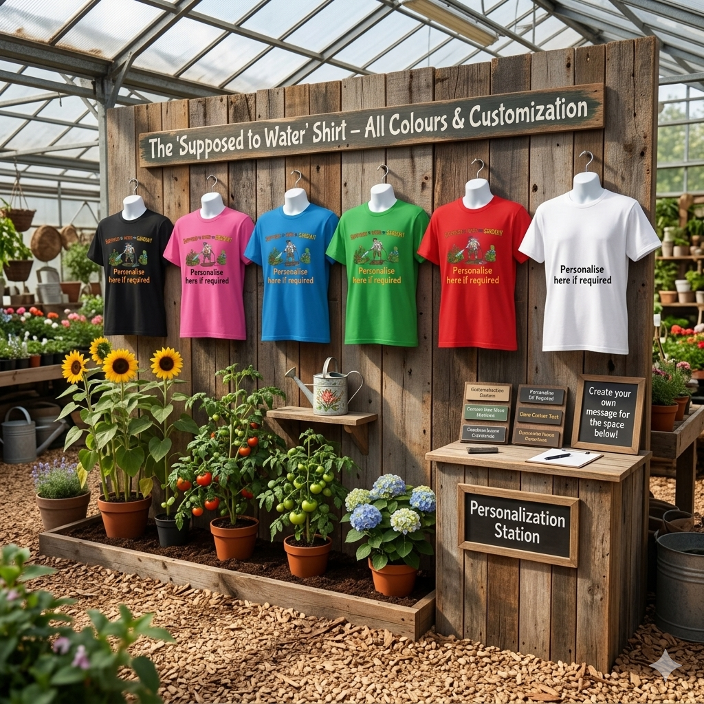 Display of colourful t-shirts on mannequins against a wooden wall with plants and a 'Personalization Station' in a greenhouse setting.