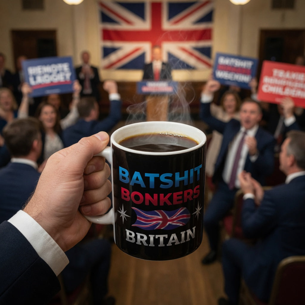 Person holding a mug with 'Batshit Bonkers Britain' text in a room with people holding signs.