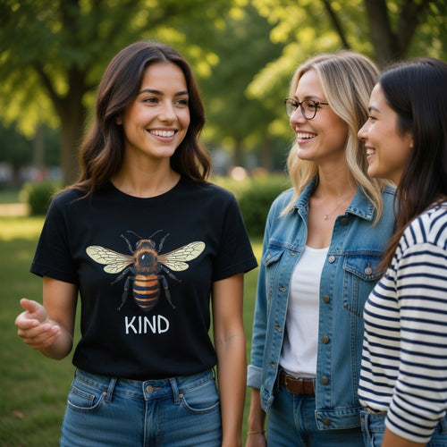 Three women standing outdoors, with one wearing a black t-shirt with a bee graphic and 'Kind' text.