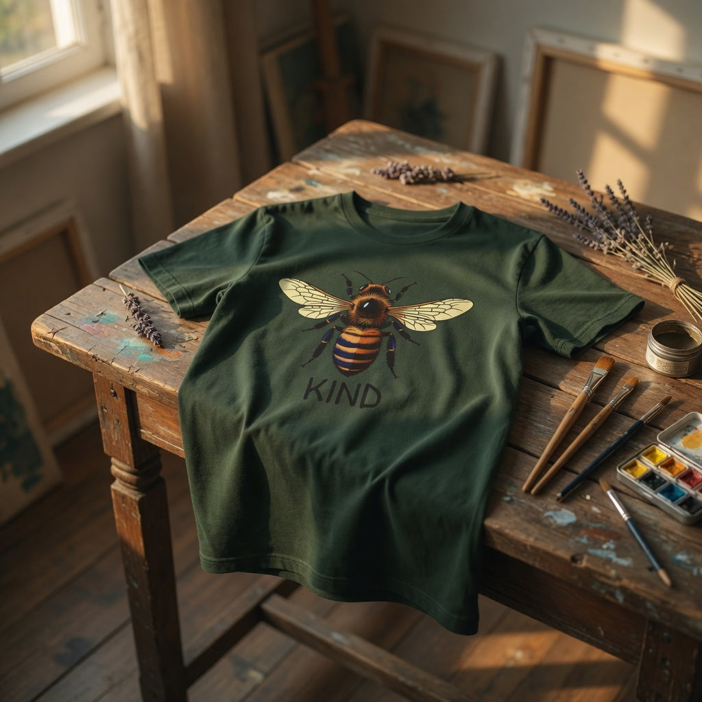 Green t-shirt with a bee design and 'Kind' text on a wooden table in a room with paintings and lavender.