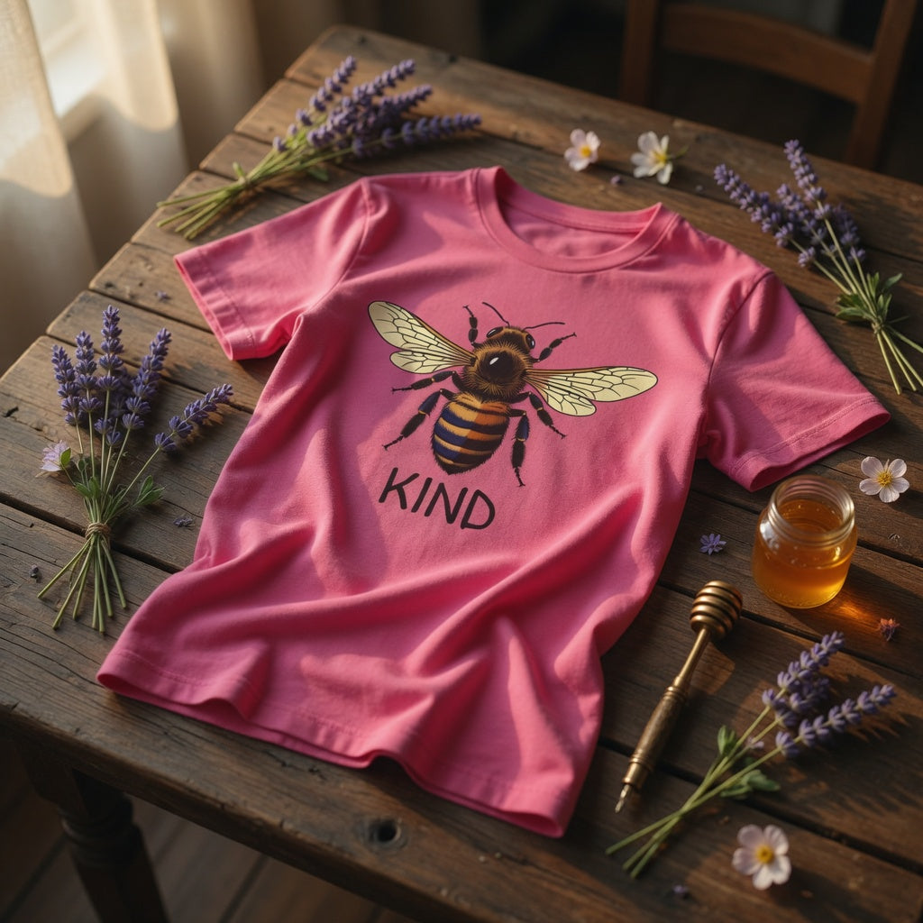 Pink t-shirt with a bee graphic and 'Kind' text on a wooden table with lavender and honeycomb.