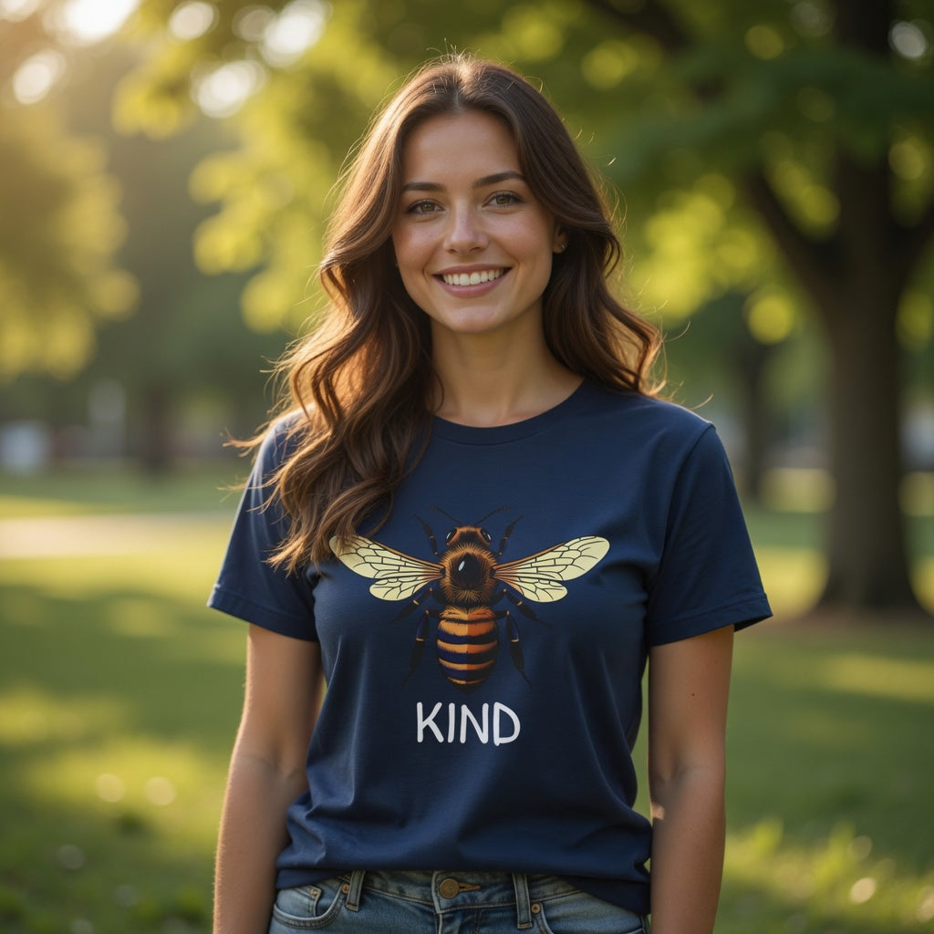 Woman wearing a blue t-shirt with a bee design and 'Kind' text in a park.