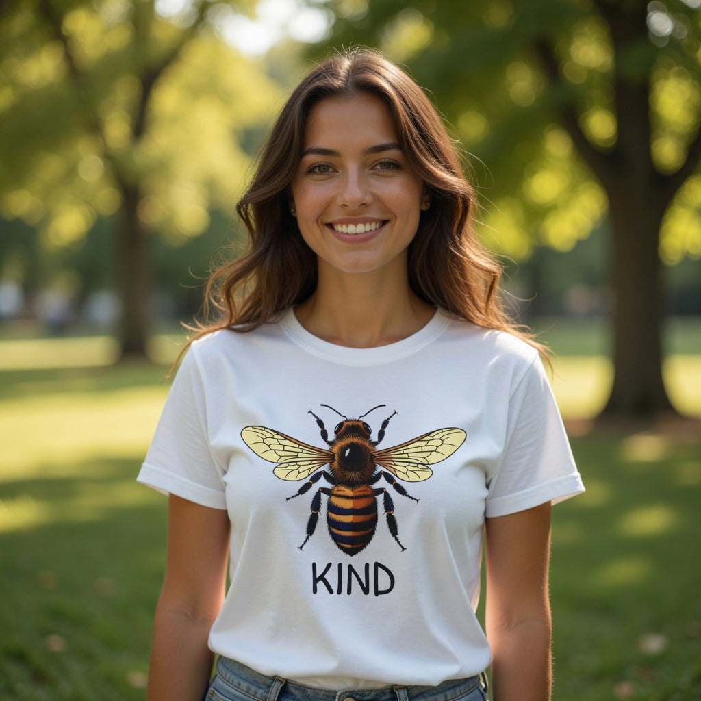 Woman wearing a white t-shirt with a bee graphic and 'Kind' text in a park.